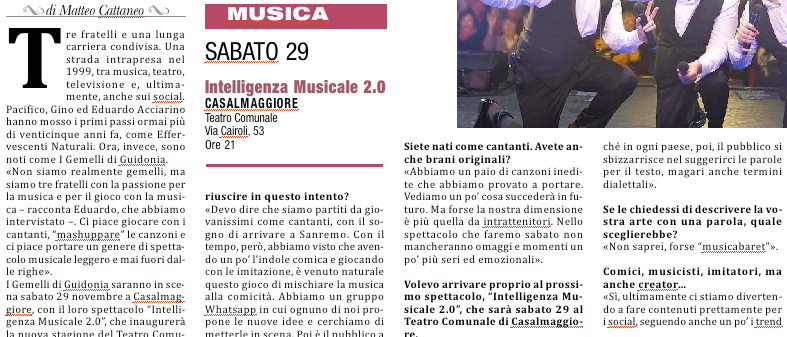 CULTURA - Questa sera, sabato 29 novembre, alle ore 21, presso il Teatro Comunale di Casalmaggiore, "I Gemelli di Guidonia", che abbiamo intervistato nelle nostre pagine.

#Cultura #musica #Cremona #MondoPadano

LEGGI QUI:
mondopadano.it/news/cultura-s…