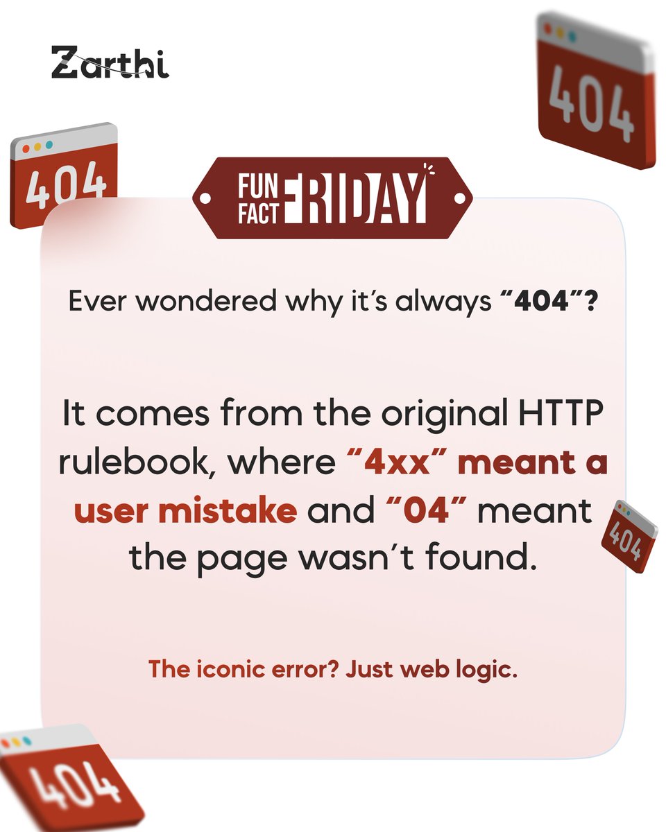 ZarthiOfficial's tweet image. The famous “Room 404” myth is fun, but it’s not the real origin of the 404 error.

Here’s the truth: in the early web, ‘4xx’ codes signaled user-side issues, and ‘04’ simply meant the page wasn’t found.

#FunFactFriday #TechTrivia #Zarti #YourBusinessSarthi