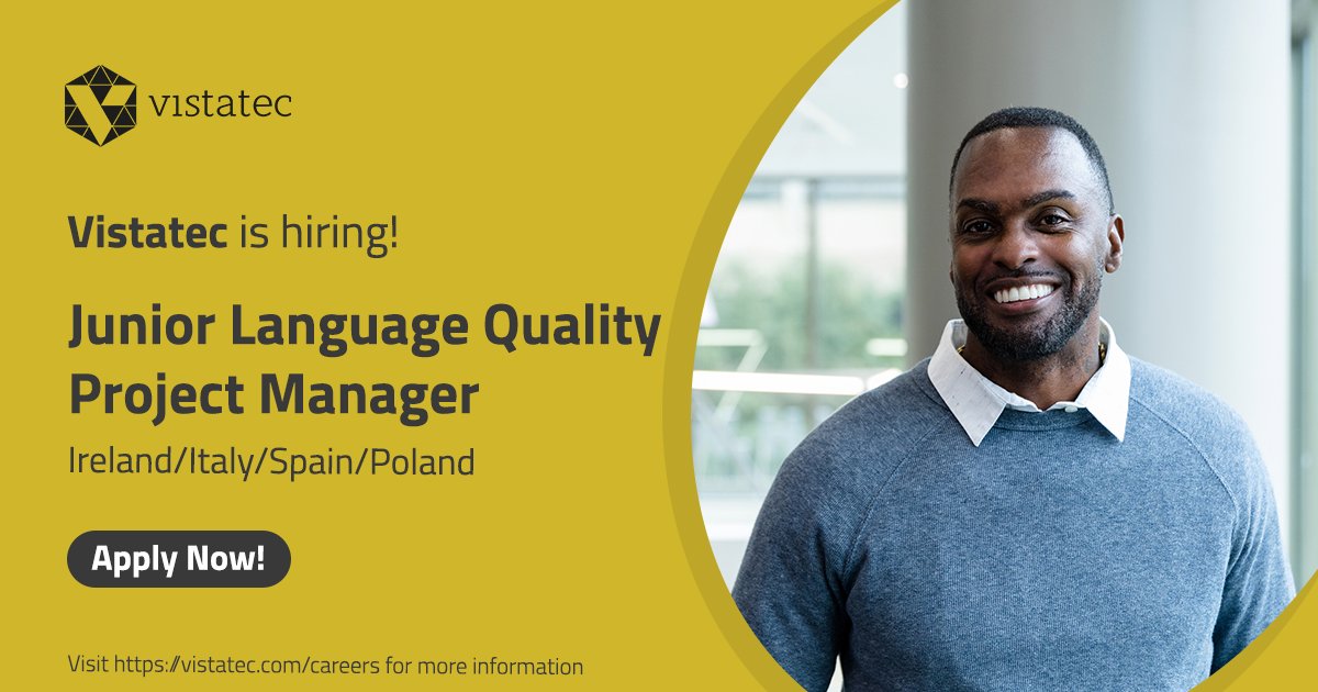 Vistatec is #hiring! vistatec.com/careers We are looking for a Junior Language Quality Project Manager. This roll involve training, monitoring and supporting a virtual team of lead linguists, defining processes, and running language quality initiatives.