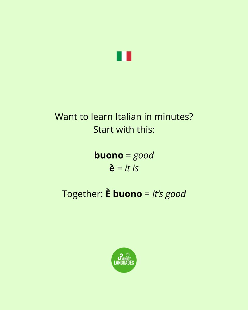 3MLanguages's tweet image. Buongiorno! 😊🇮🇹

Want to learn Italian in minutes? Start with this:

👉 buono = good
 👉 è = it is

Together: È buono = It’s good

More like this inside Course 1: bit.ly/4gsfIzC 

#LearnItalian #Italian #LanguageLearning