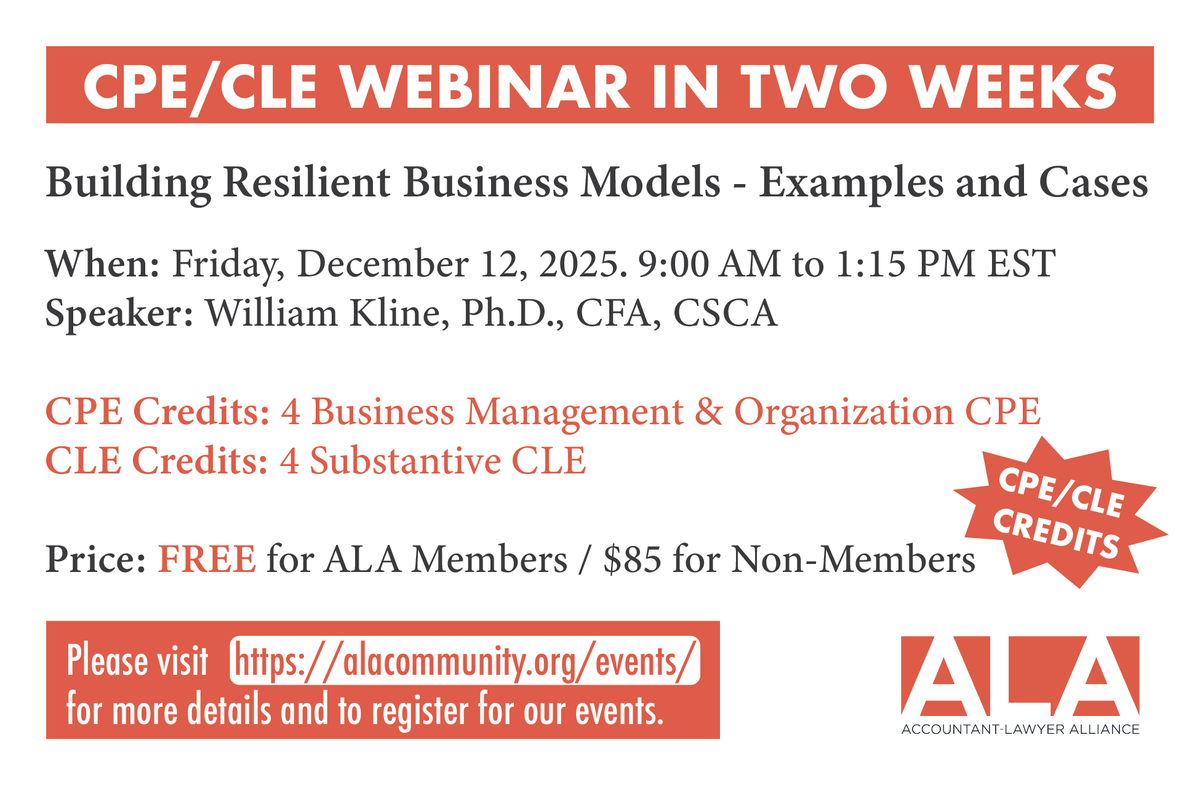 ALACommunity's tweet image. Two weeks to go. Build and test business models with cases and customer analysis. Dec 12, 9:00 AM EST. 4 CPE and 4 CLE. Register: member.alacommunity.org/site_event_det… #BusinessModel #Strategy #CPE