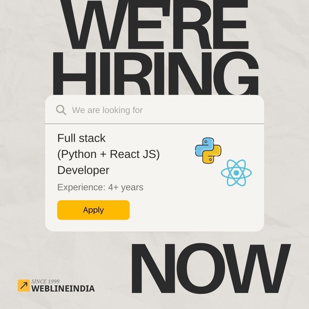 WeblineIndia's tweet image. We’re Hiring!

WeblineIndia is looking for a Sr. Full Stack Developer (Python + React.js) in Ahmedabad.

If you build scalable APIs &amp;amp; sleek UIs — this role is for you!

Apply 👉 jobs.weblineindia.com/jobs/Careers/3…

#WeAreHiring #FullStackDeveloper #Python #ReactJS #TechJobs #AhmedabadJobs