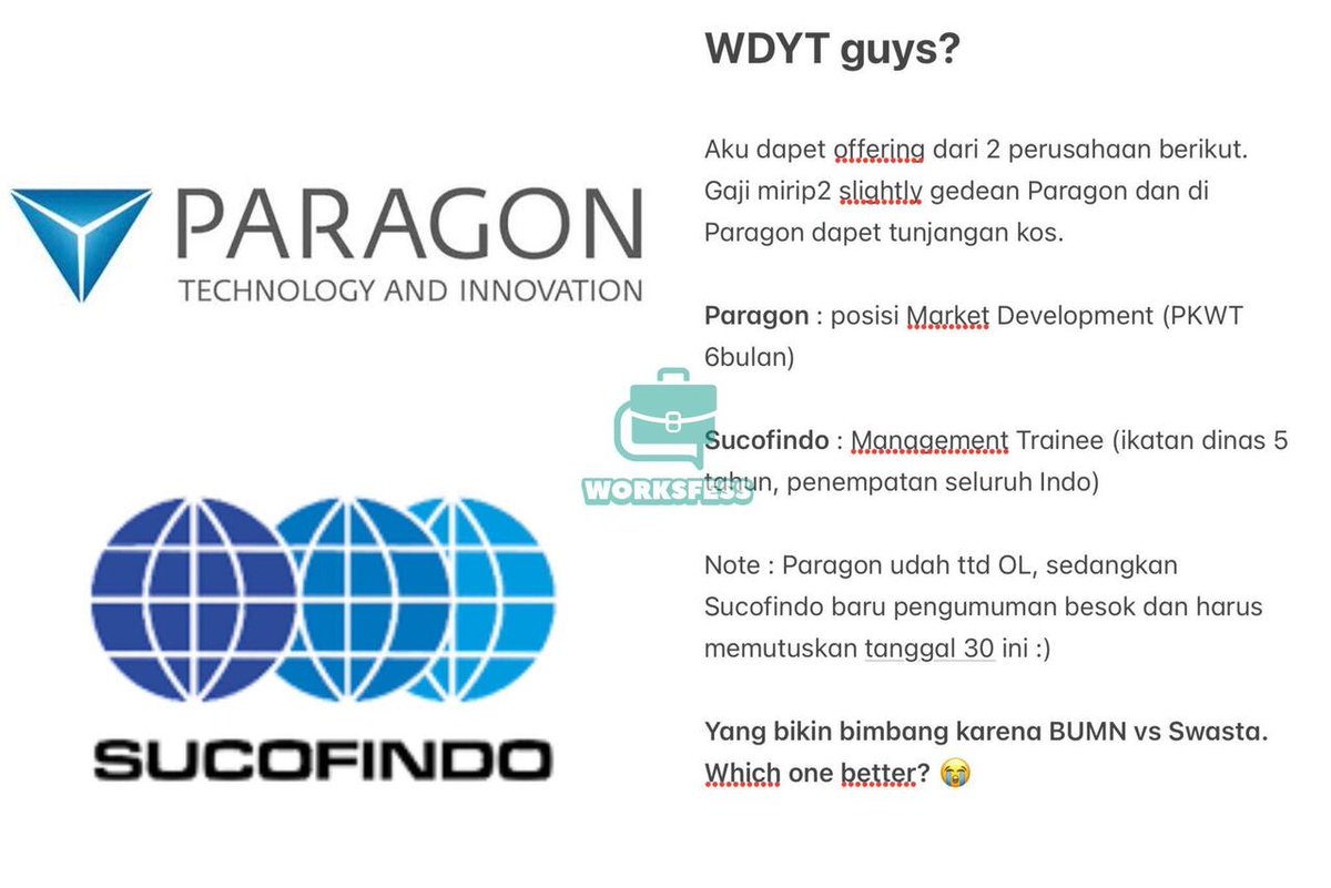 worksfess's tweet image. work! WDYT guyss? Kasih aku pencerahan mana yang lebih baik untuk masa depan dan kesehatan jiwa 😭