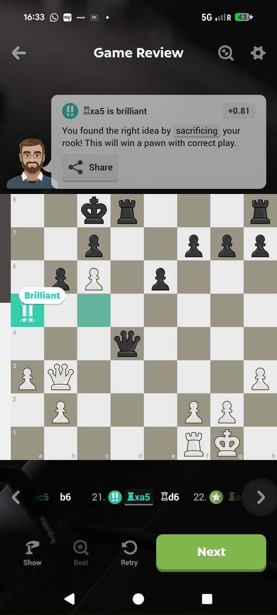 Totantillaya's tweet image. First chess game with 2 &quot;Brilliant &quot; moves.

Consecutive moves with the same Rook.🌝

#Chess 
#chesscommunity