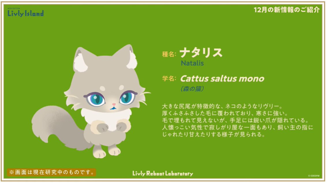 livly_lib's tweet image. 【新リヴリー】
ナタリス
学名：Cattus saltus mono

リヴリーアイランドクラシックでは2018年のクリスマス限定として登場しました。

#リヴリー研究共有会
