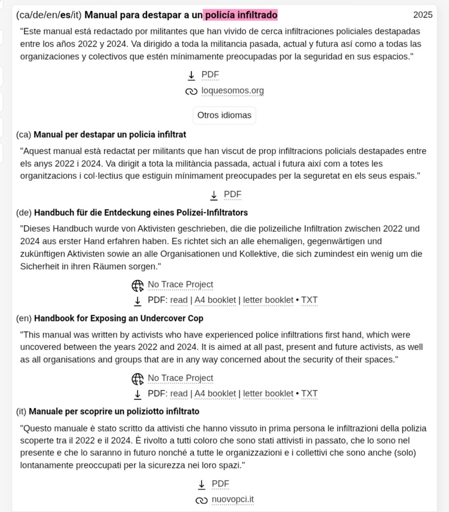 undercover_25_'s tweet image. La web anarquista antirrepresiva &quot;No trace project&quot; ha agrupado todas las traducciones del &quot;Manual para destapar a un policía infiltrado&quot;.

Ya está disponible en inglés, italiano, alemán y catalán. Próximamente en euskera y galego ⏬

notrace.how/resources/es/#…
