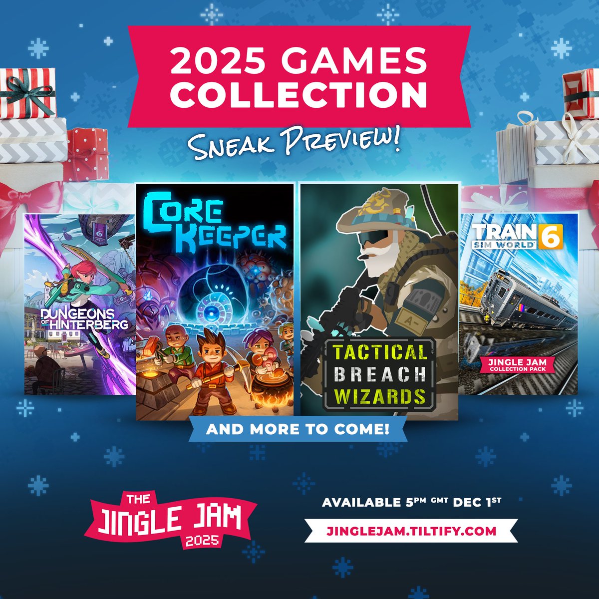 jinglejam's tweet image. Because you&apos;ve been so good, we&apos;re letting you open a few of your presents early this year. 

Core Keeper, Dungeons of Hinterberg, Tactical Breach Wizards and an exclusive Jingle Jam edition of Train Sim World 6 are your first four games in the 2025 Jingle Jam Games Collection!