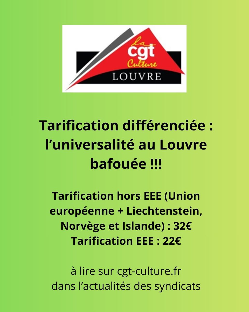 cgt_culture's tweet photo. Tarification différenciée : l'universalité au @MuseeLouvre  bafouée !
Communiqué de la section CGT du Louvre :
https://t.co/KOhoFR2LuC https://t.co/MwCGXzS6R7