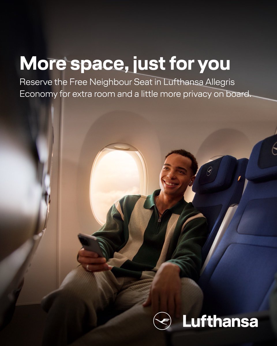 The Lufthansa Allegris Economy Class Free Neighbour Seat lets you enjoy the space of two with comfort reserved just for you. 

Learn more here: lufthansa.com/in/en/discover… 

#Lufthansa #LufthansaAllegris #EconomyClass