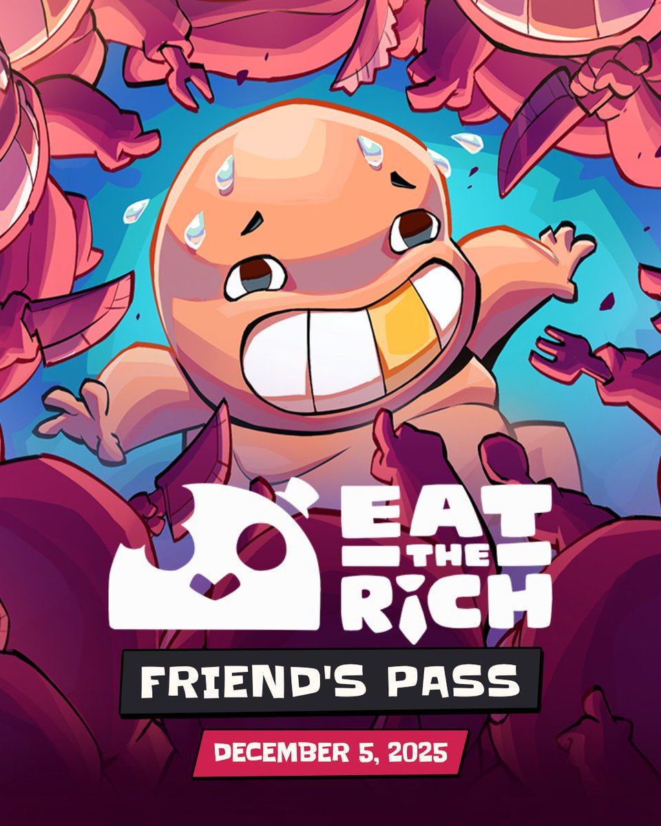 EatTheRichGame's tweet image. Host your friends at the wildest dinner party ever. Your friends can now join your lobby FOR FREE with the Friend’s Pass! Coming to Steam on December 5, 2025.

Tag a friend in the comments whom you would 100% NEVER betray nor backstab, like, ever! 👀

#GameDev #GameDevCommunity…