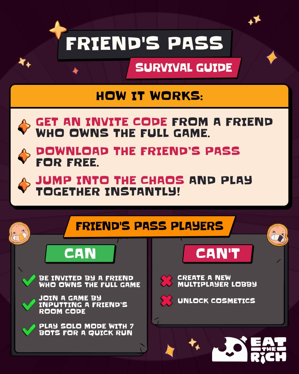 EatTheRichGame's tweet image. Host your friends at the wildest dinner party ever. Your friends can now join your lobby FOR FREE with the Friend’s Pass! Coming to Steam on December 5, 2025.

Tag a friend in the comments whom you would 100% NEVER betray nor backstab, like, ever! 👀

#GameDev #GameDevCommunity…