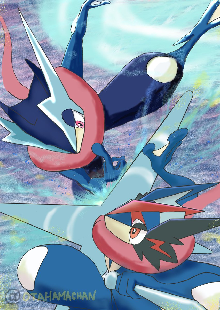 『メガvsキズナヘンゲ』
サトシの時は水手裏剣が物理だった為かアニポケでは珍しい全わざ物理染めでしたが、
ZAじゃうちのメガゲッコウガも水手裏剣冷ビ波乗り悪だくみの特殊染め。どっちも好きなので
ちょっと変わり種の鍔迫り合いになりました
#ポケモン
