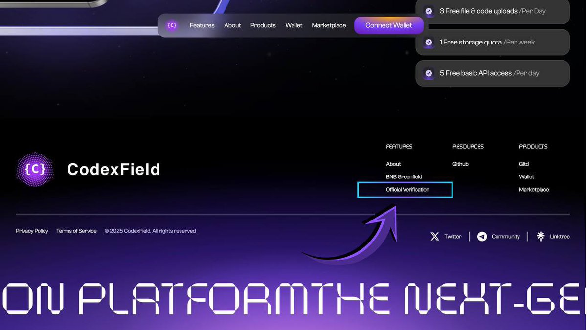 CodexField's tweet image. 🔐 To enhance user safety, CodexField has added an Official Verification Channel to our website.

You can now confirm whether any CodexField link, account, or website is authentic — helping protect users from phishing, fraud, and fake platforms.

✔️ Try it now on our official…