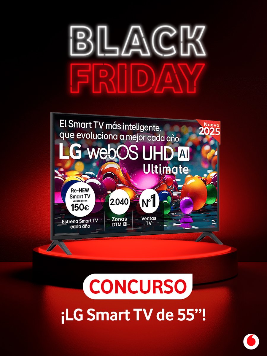 💥🎁 ¡CONCURSAZO BLACK FRIDAY! 🎁💥 Una Smart TV de 55'' puede ser para ti:⁣⁣
⁣⁣
🔺 Sigue a <a href="/vodafone_es/">Vodafone España</a>⁣⁣
🔺 Comenta en este post qué verías esta Navidad en Vodafone TV si la ganases con el hashtag #BlackFridayVodafone
⁣⁣
🔴 Si eres cliente, esta Smart TV de LG y muchos