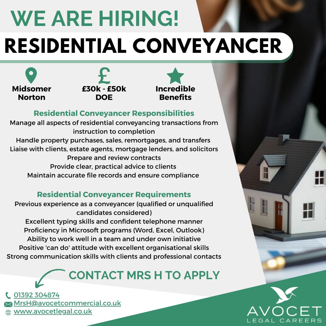 AvocetLegal's tweet photo. Mrs H at Avocet Legal Careers has an excellent opportunity for a Residential Conveyancer with a well-established firm in Midsomer Norton

Interested?
Get in touch with Mrs H for an informal chat:
📞 01392 304874 
✉️ MrsH@avocetcommercial.co.uk
🌐 https://t.co/1wsPd7tDXu https://t.co/7it2VplDbY