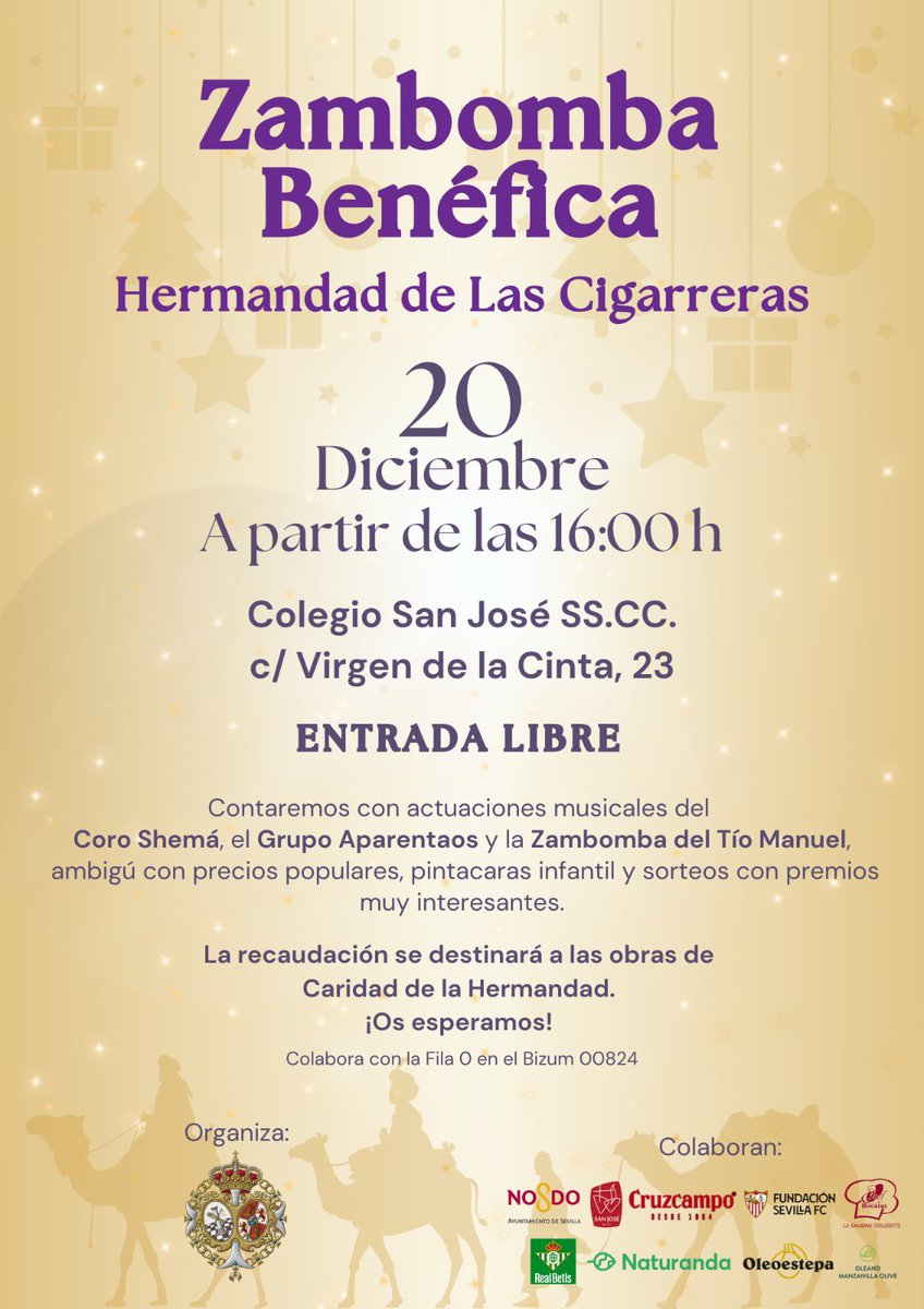 💫🎄 𝐙 𝐀 𝐌 𝐁 𝐎 𝐌 𝐁 𝐀  𝐁 𝐄 𝐍 𝐄 𝐅 𝐈 𝐂 𝐀

La Hermandad de las Cigarreras invita a todos los hermanos, vecinos de Los Remedios y público en general a la Zambomba Benéfica que tendrá lugar el próximo día 𝟐𝟎 𝐝𝐞 𝐝𝐢𝐜𝐢𝐞𝐦𝐛𝐫𝐞, a partir de las 16:00 h, en las