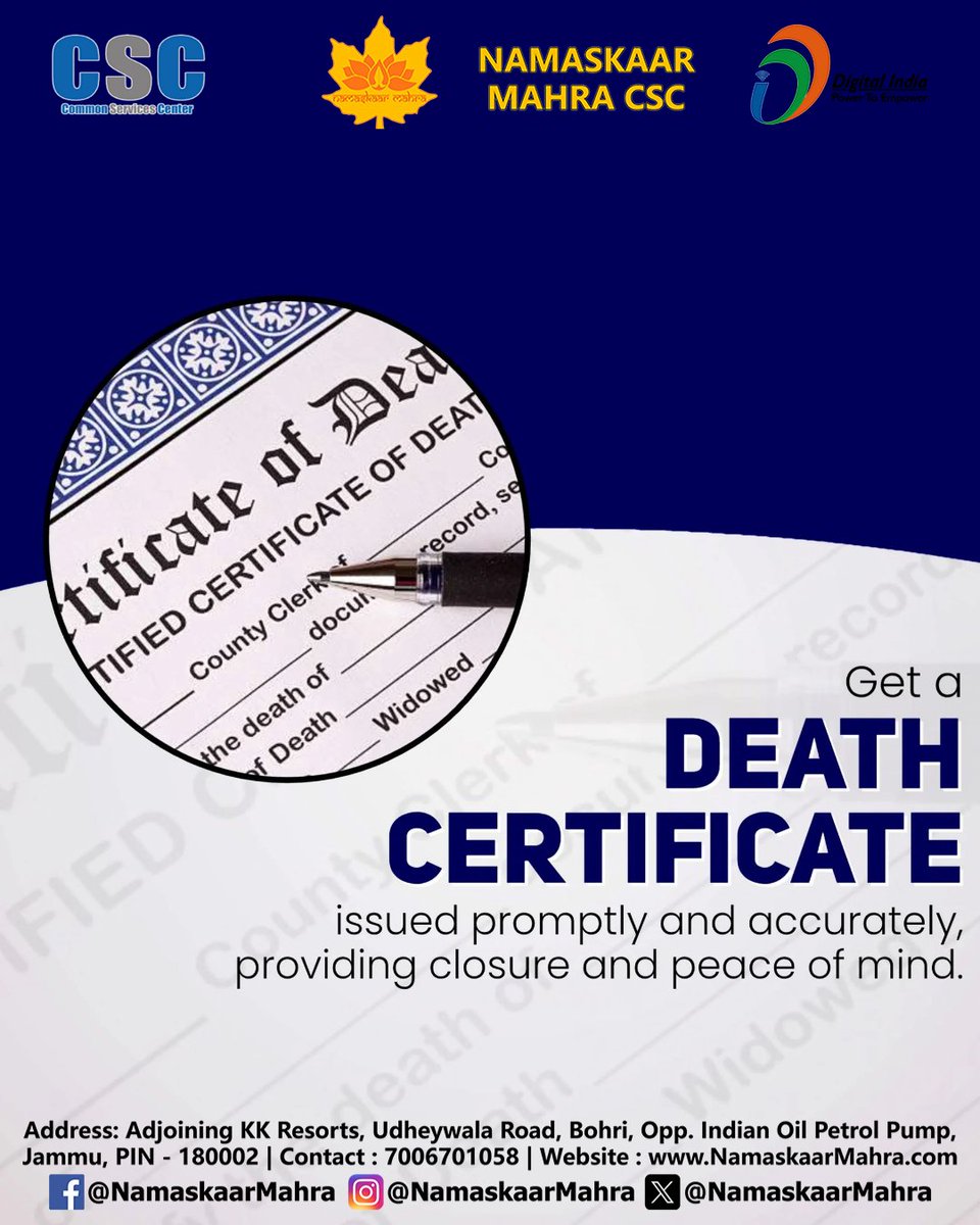 JammuCsc's tweet image. Death Certificate Service Available 

Namaskaar Mahra CSC
Contact : 7006701058
namaskaarmahra.com
Address: Adjoining KK Resorts, Udheywala Road, Bohri,
Opp. Indian Oil Petrol Pump, Jammu, 180002

#NamaskaarMahra #CSC #CSCJammu  #TataCroma #Croma #tata