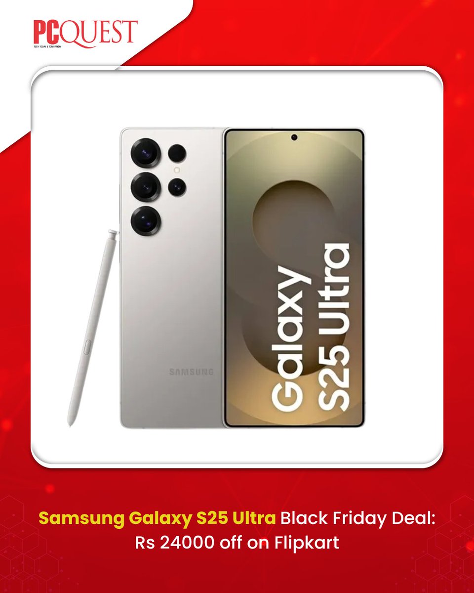 pcquest's tweet image. The Black Friday sale offered by @Flipkart  is providing huge discounts on flagship smartphones, and the @SamsungIndia Galaxy S25 Ultra Black Friday deal is one of the best offers.

Read more: pcquest.com/news-launches/…

#PCQuest #news #blackfridaysale #samsung #flipkart