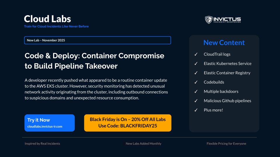 InvictusIR's tweet image. Cloud Labs update for November, we&apos;ve been cooking in the lab!

In our new scenario you can play with EKS, ECR, pipelines and more fun stuff in the cloud. 

Sign up now and profit of the #BlackFriday deal!
cloudlabs.invictus-ir.com
#stayInvictus #CloudLabs #CloudIncidentResponse