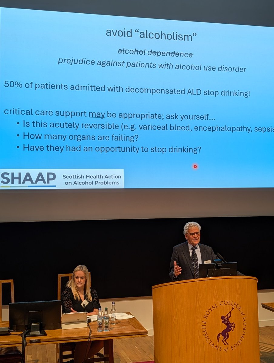 Stigma around alcohol use disorder highlighted by Alastair MacGilchrist at #rcpeStAs2025.

Avoid nihilism - 50% of patients admitted with decompensated ALD successfully STOP drinking!