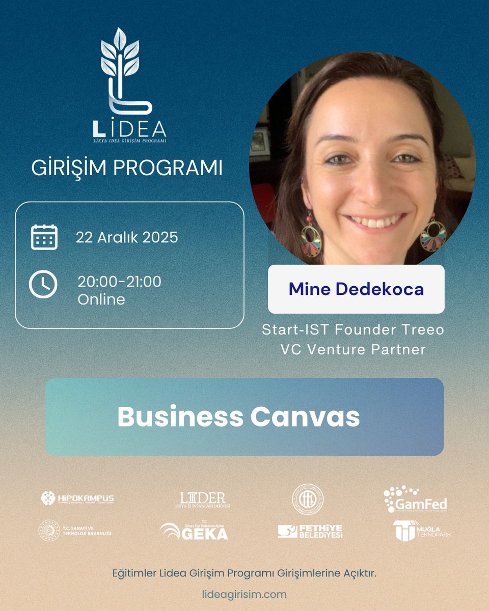 Lidea 2026 Ön Kuluçka Programı Başlıyor!
Yeni dönemin ilk eğitimi, Mine Dedekoca ile Business Model Canvas oturumu!
Girişimini doğru temellere oturtmak ve sağlam bir iş modeli oluşturmak isteyen herkes için harika bir fırsat.

Detaylar &amp; kayıt: lideagirisim.com

#Lidea