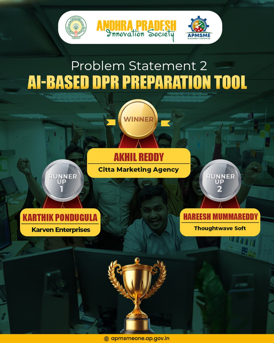 apmsmedc's tweet image. Proud to announce the final results of the MSME Digital Empowerment Challenge 2025! 

The AP MSME Development Corporation, in collaboration with the AP Innovation Society, has completed the joint evaluation for this year’s hackathon. 

We congratulate the innovators, start-ups,…