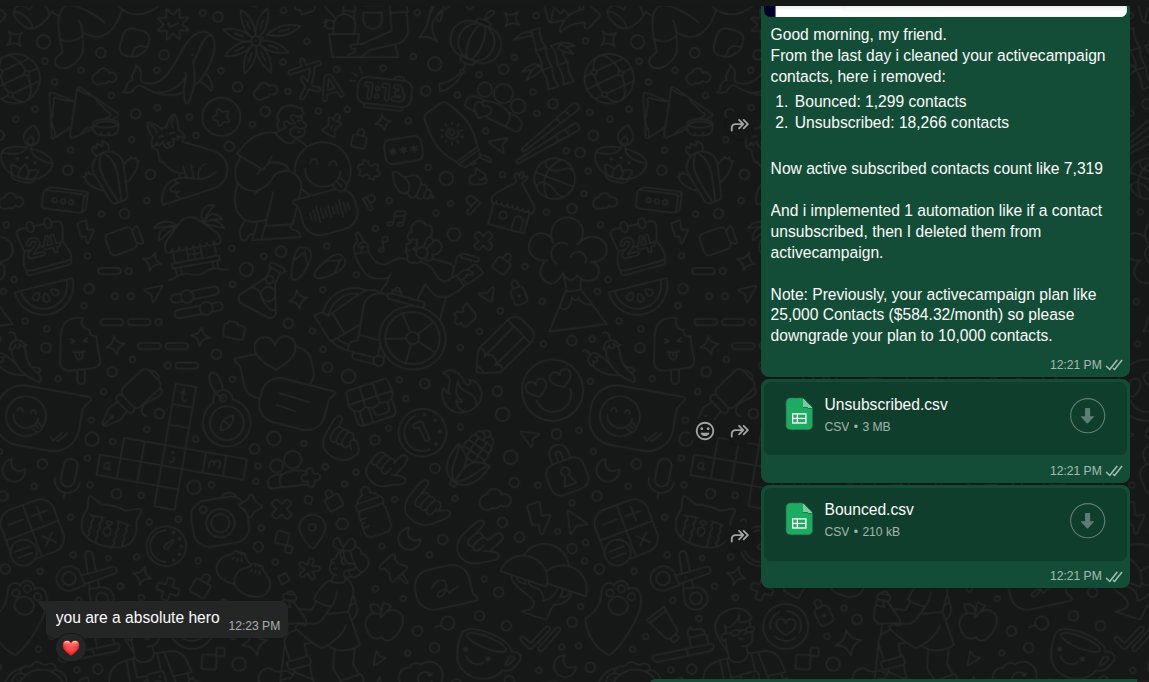 jinnatul_md's tweet image. Cleaned &amp;amp; optimized a German client’s @ActiveCampaign contacts:

🚫 1,299 bounced
🚫 18,266 unsubscribed

💸 Downgraded plan from 25k → 10k contacts

💰 Saved ~$200–$300/month

The client said: "You are an absolute hero" 🦸‍♂️

#EmailMarketing #ActiveCampaign #NoCode #Automation