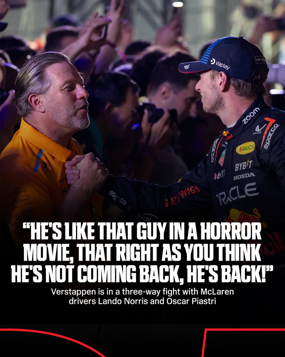 ESPNF1's tweet image. Max Verstappen is like a &apos;guy in a horror movie&apos;, says Zak Brown