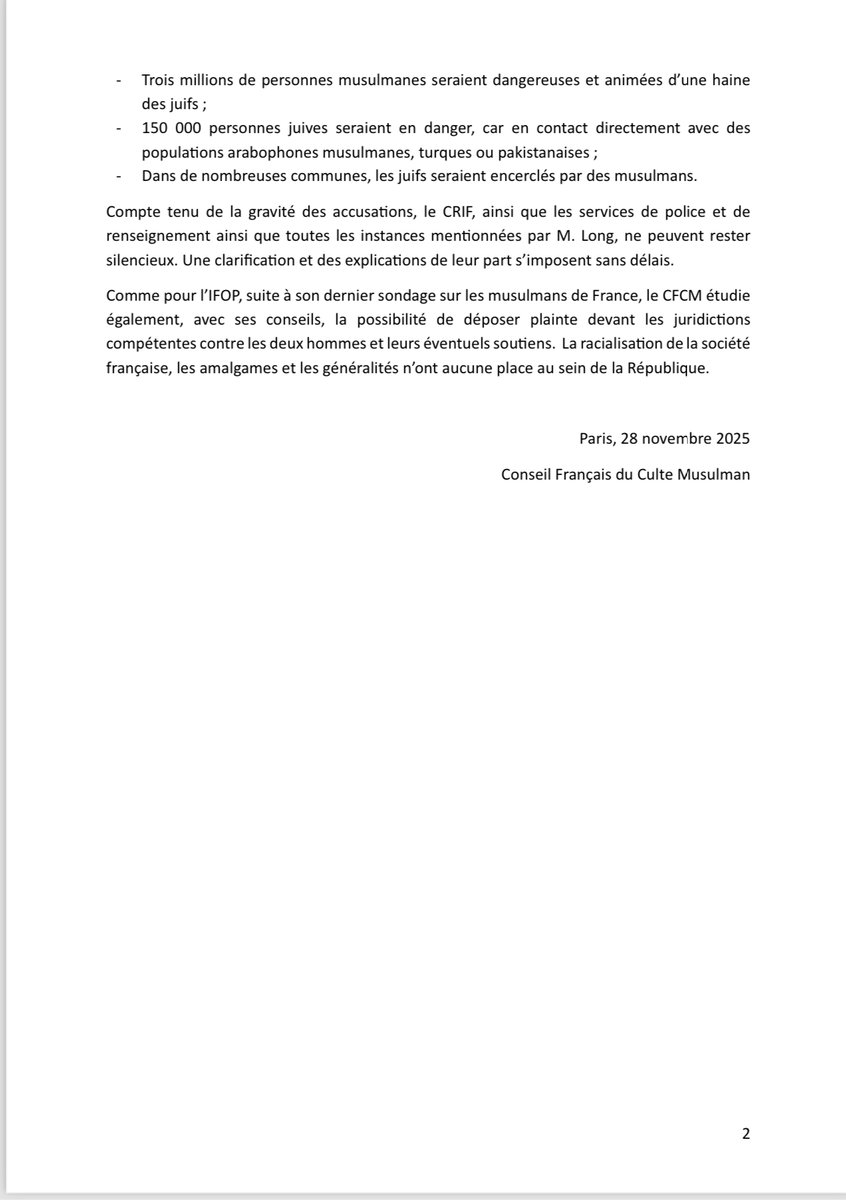 CfcmOfficiel's tweet image. COMMUNIQUÉ

Inédit et gravissime : une  « enquête » sur les français de confession musulmane aurait été demandée par le CRIF, menée par deux individus dont un agent israélien, alimentée par des autorités politiques, administratives et sécuritaires de notre pays, puis transmise…
