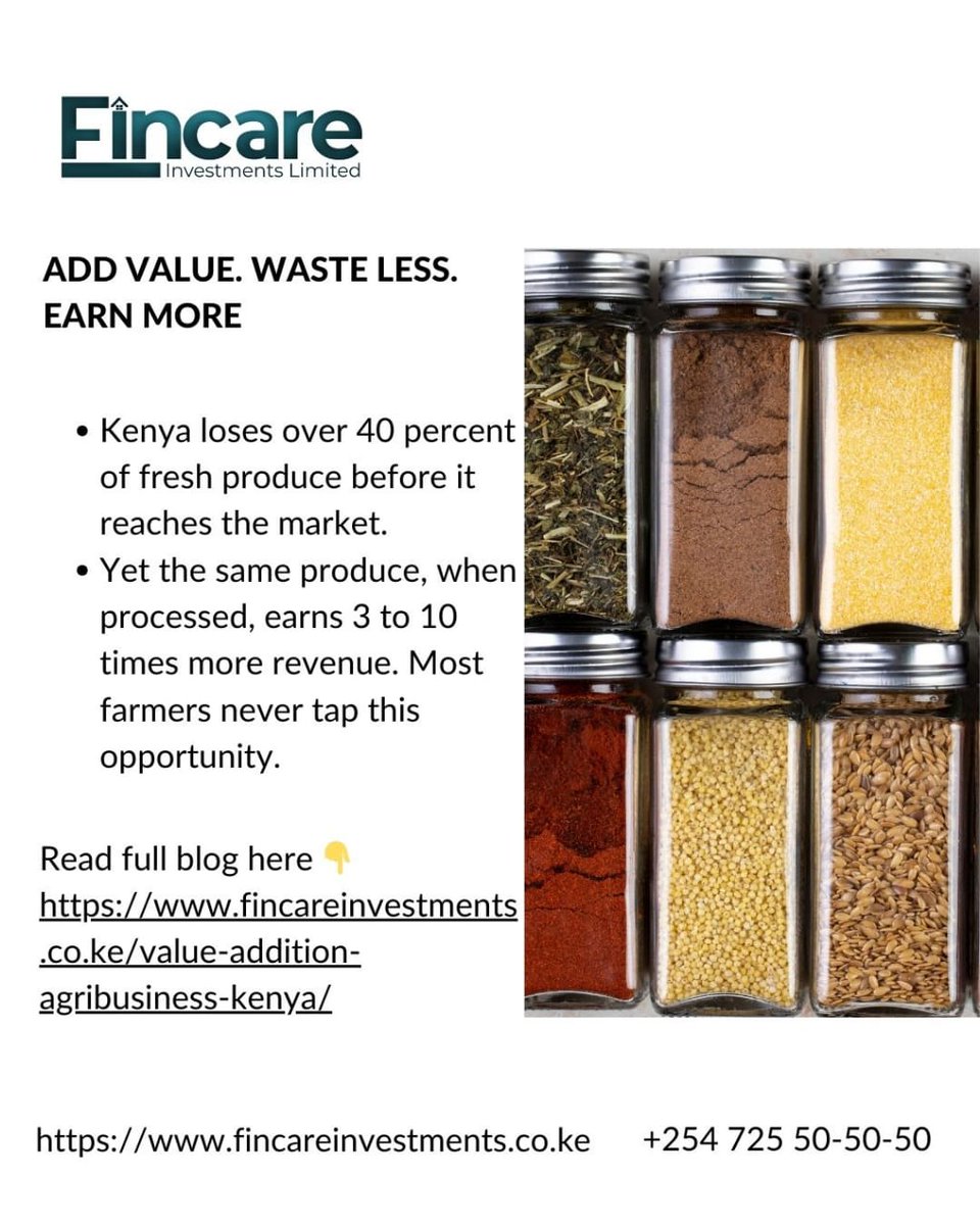 fincareinvestmt's tweet image. ADD VALUE. WASTE LESS. EARN MORE
Kenya loses over 40 percent of fresh produce before it reaches the market. Yet the same produce, when processed, earns 3 to 10 times more revenue.
Full blog 👇
fincareinvestments.co.ke/value-addition…
#Agribusiness #ValueAddition #InvestInFarming #FoodProcessing