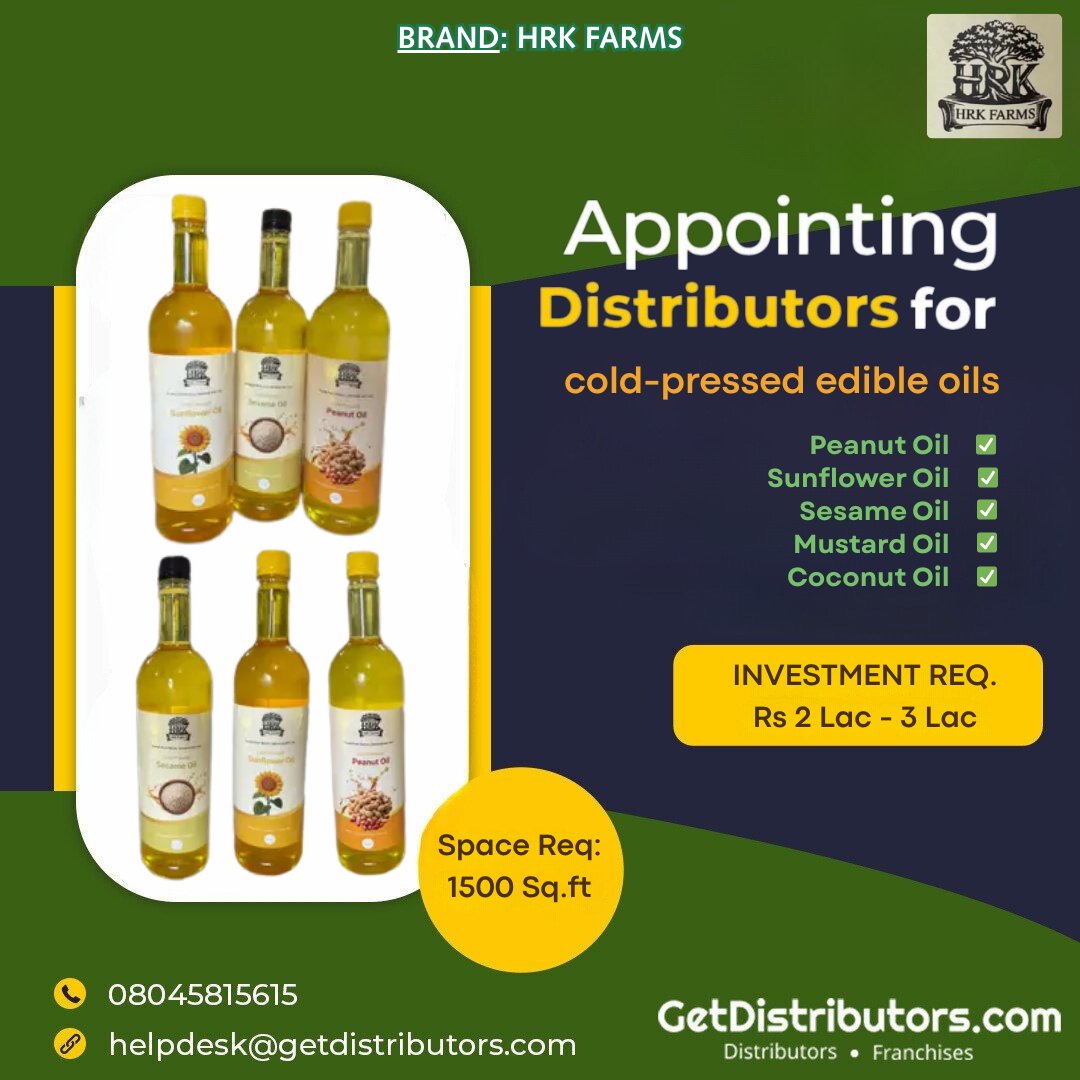 getdistributors's tweet image. Wanted #Distributors for cold-pressed edible oils.
Brand 👉 HRK Farms
Details 👉 getdistributors.com/tiny/AA9FOtQPZz

★Investment : Rs. 2 - 3 Lac
★Attractive distributor margin of 15-20%
✓Hurry to take #Distributorship !

#HRKFarms #EdibleOil #Dealers #Wholesalers #SuperStockists