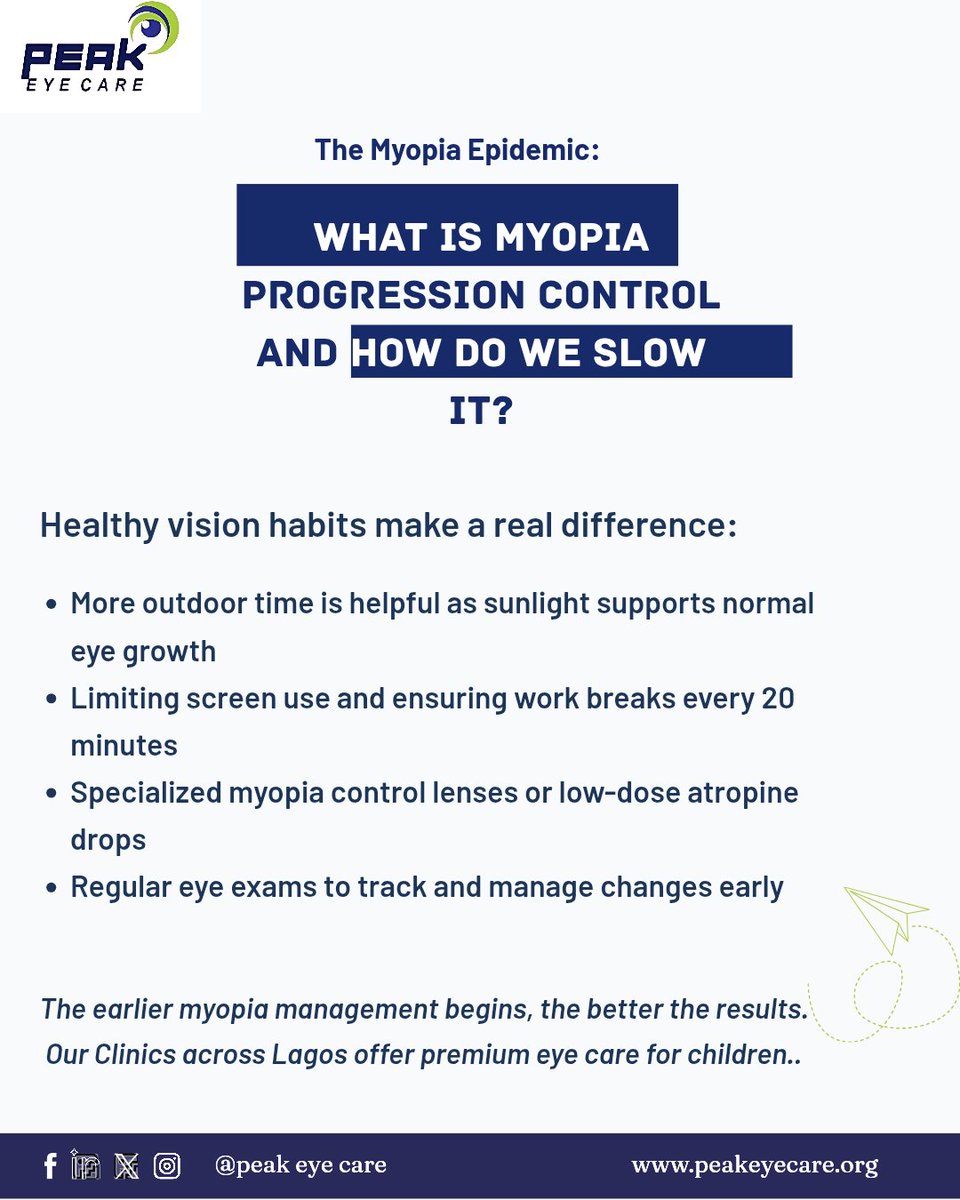 Peakeyecareltd's tweet image. Kids’ eyes change fast, sometimes too fast.
Myopia isn’t just “they need glasses”… it can progress and affect long-term eye health.

📍Visit us at Raka Plaza 5, Sanusi Fafunwa Street, Opp. Karimu Kotun Street, VI,  Lagos.

#ChildEyeHealth #MyopiaControl #ProtectYoungEyes