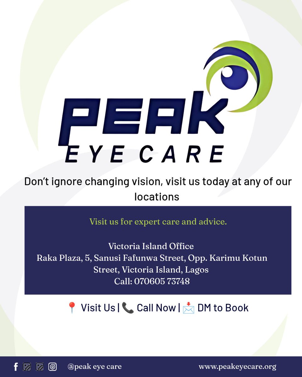 Peakeyecareltd's tweet image. Kids’ eyes change fast, sometimes too fast.
Myopia isn’t just “they need glasses”… it can progress and affect long-term eye health.

📍Visit us at Raka Plaza 5, Sanusi Fafunwa Street, Opp. Karimu Kotun Street, VI,  Lagos.

#ChildEyeHealth #MyopiaControl #ProtectYoungEyes