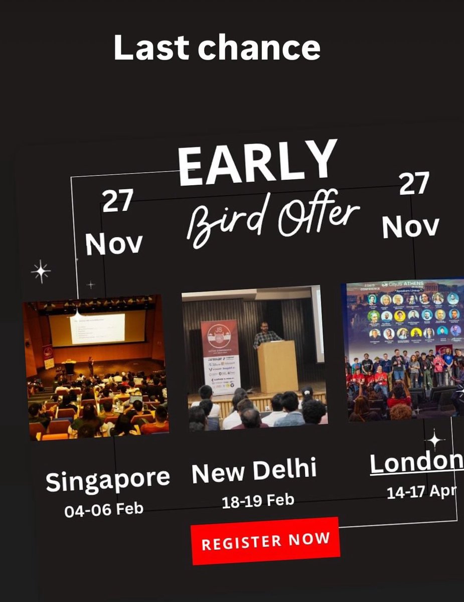 cityjsconf's tweet image. Your last chance to grab a ticket at a low price is now!!

Register now

⭐ Meet amazing speakers inc @matteocollina @Rich_Harris 

⭐ Attend workshops in React AI Architecture 

⭐ Get priority to all Free events 

Don’t miss out 
cityjsconf.org