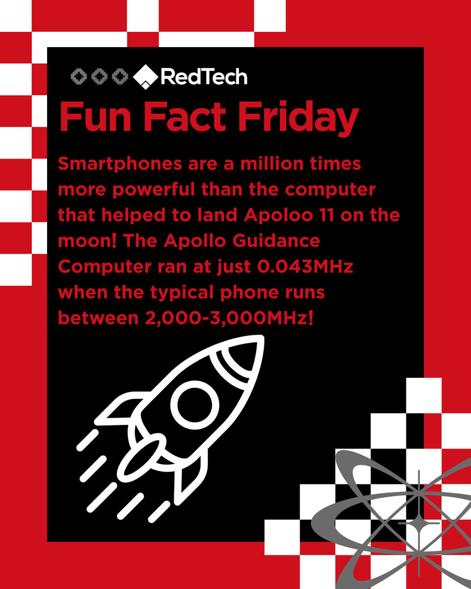 The phone in your pocket runs at around 2,000-3,000 MHz and has millions of times more memory, yet Apollo still made it to the Moon and back with just 0.043 MHz! 

Follow along for more Fun Fact Fridays!

#funfact #tech #nasa #stem #science #engineering #space