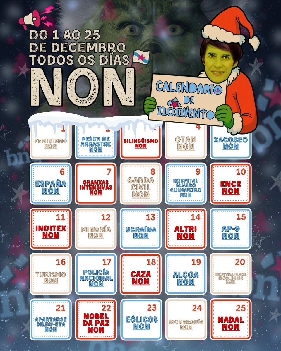 Xa tes o teu Calendario de 𝗡𝗢𝗡vento do BNG? 🎄
➸ Do 1 ao 25 de decembro, un novo NON cada día.