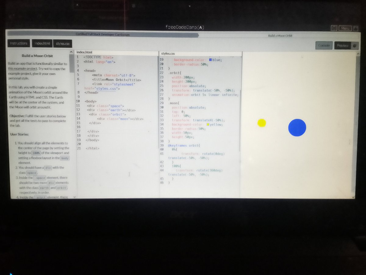 AkanjiAB's tweet image. Day 40 of #100DaysOfCode 
Today I built a Moon Orbit Animation! 
I learned how to use the transform property, @keyframes property, and how to create a smooth orbit effect.
Still learning, still growing, one project at a time
#frontend #WebDevelopment #freeCodeCamp