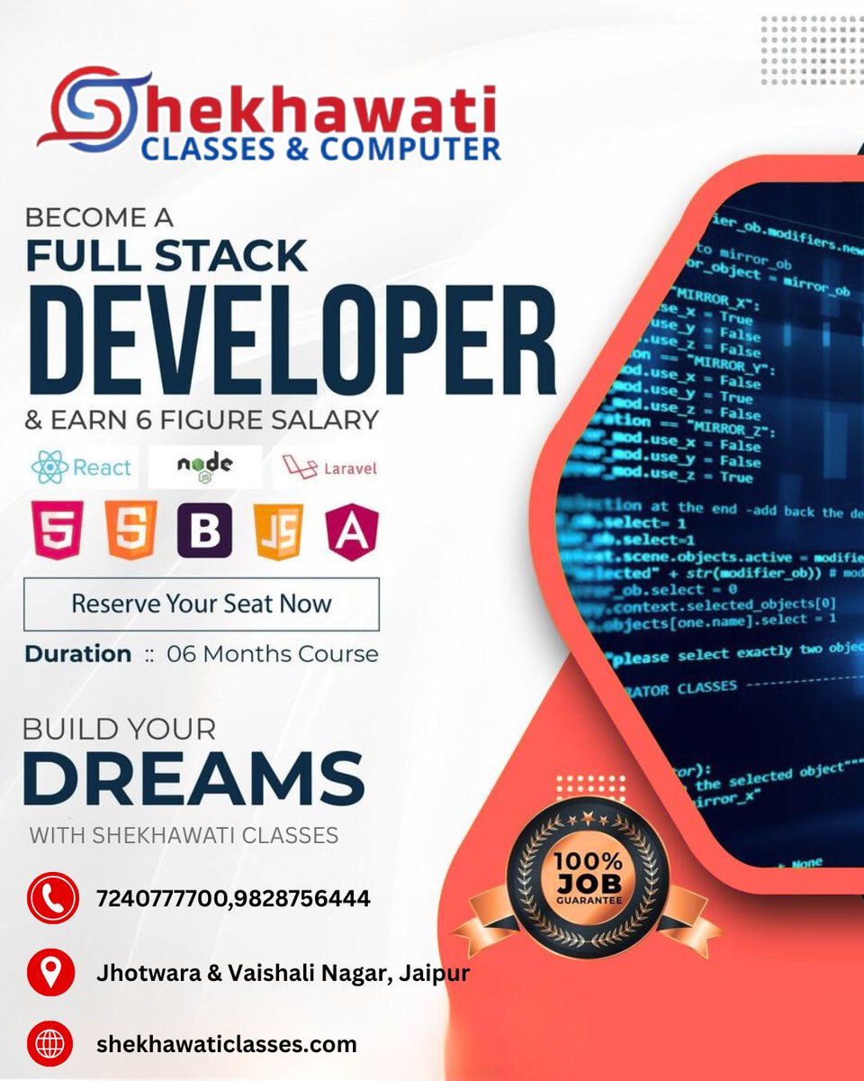 shekhaw29839's tweet image. Become a Full Stack Web Developer with Shekhawati Classes &amp;amp; Computer, Jhotwara &amp;amp; Vaishali Nagar Jaipur.
Learn MERN Stack, frontend + backend with live projects &amp;amp; 100% job assistance.
DM to join! #fullstackprogram #fullstackpower #learning #shekhawaticlasses #jaipurtraining