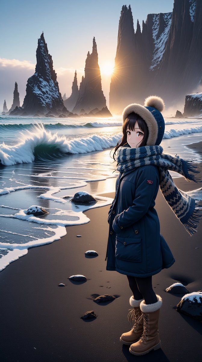 おはようございます☀️
「淡い金色が黒い砂を照らすたび、心の奥の影までもあたたまる」 #aiart