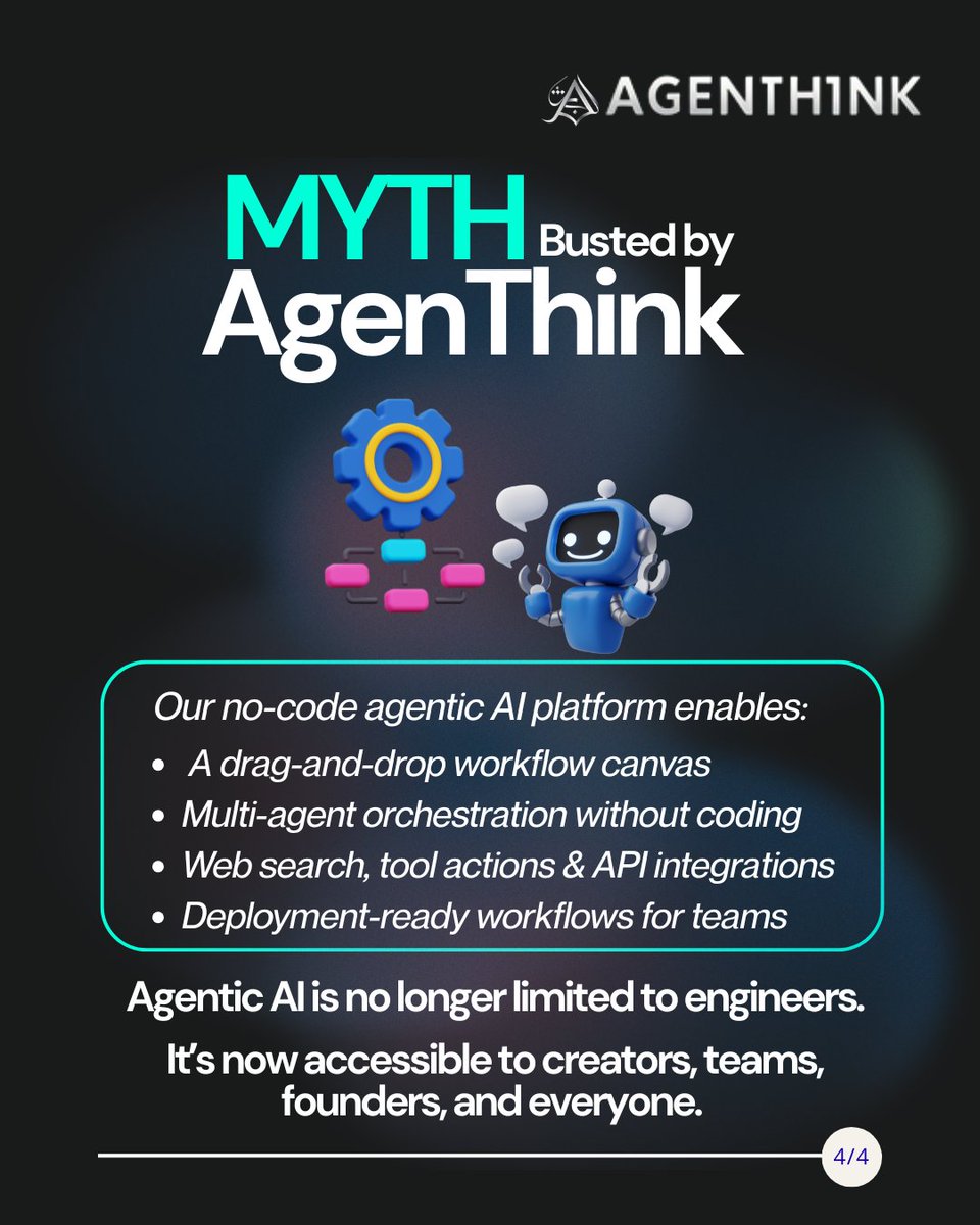 AgenThinkAI's tweet image. MYTH: Agentic AI requires coding.
FACT: No-code platforms like AgenThink now let anyone build AI workflows with drag-and-drop logic.
If coding wasn’t a barrier… what would you build first? 

#NoCodeAI #AgenticAI #Automation #AgenThink #FutureOfWork #Mythvsfacts #Mythbusted