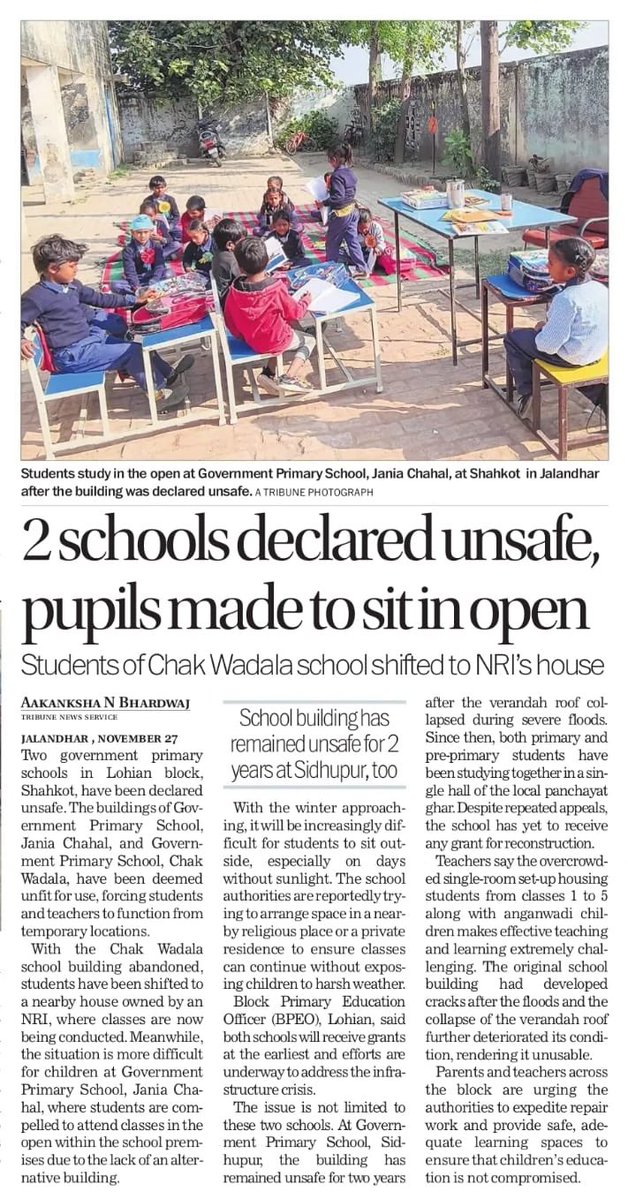 Punjab’s children deserve dignity — not dust, cold winds and broken walls.

Today, two government schools are declared unsafe.
Little kids are sitting on mats in the open, trying to study under the sky because the classrooms are falling apart.
No urgency. No action. No