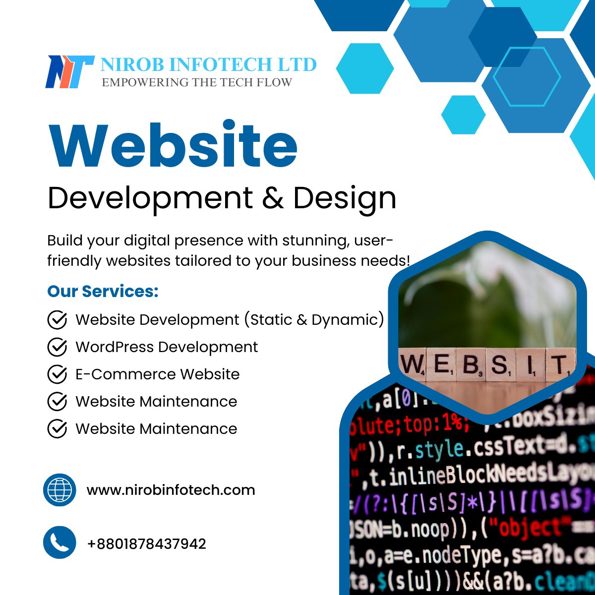 Nirob_InfoTech's tweet image. NIROB INFOTECH LTD builds your digital presence with stunning, user-friendly websites tailored to your exact business needs. We handle everything from design to long-term support
#WebsiteDevelopment #WebDesign #DigitalPresence #EcommerceSolutions #WordPressExpert #BusinessGrowth