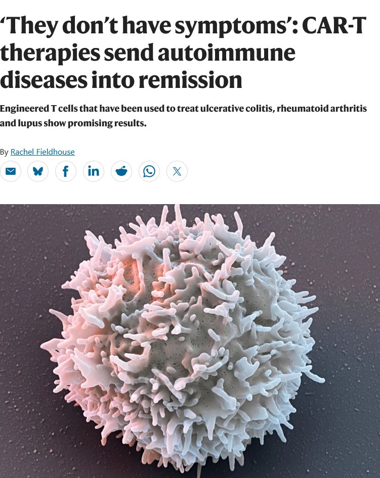 Dr_Singularity's tweet image. This Could End Autoimmune Illness as We Know It

Engineered T cells that have been used to treat ulcerative colitis, rheumatoid arthritis and lupus show promising results.

Results across around a dozen clinical or preclinical trials over the past few years have been &quot;very…