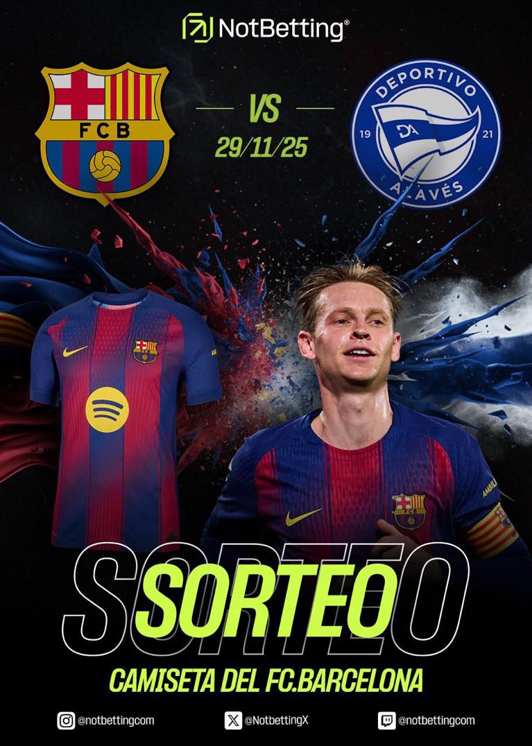 🎉 SORTEO CAMISETA 🎉

Si Frenkie DE JONG recibe 2 faltas 👉 ¡sorteamos una camiseta del BARÇA a elegir!⚽️🔵🔴

🔗 Solo 2 pasos para participar:
1️⃣ Seguir a <a href="/NotBettingX/">NotBetting</a> y <a href="/fcbisprime/">FCB PRIME</a> 
2️⃣ Dar ❤️ Me gusta y RT a este post

Mencionar a un amigo = más opciones de ganar. ¡¡Suerte a