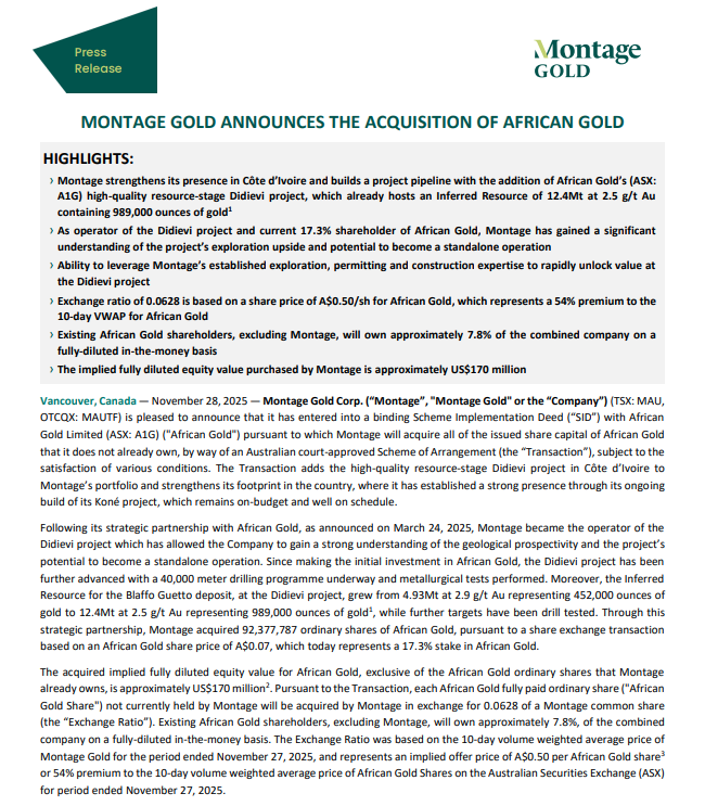 Montage Gold $MAU.to is acquiring our holding African Gold $A1G.ax for approximately AUD 0.50 in its own shares. A great success for my readers.