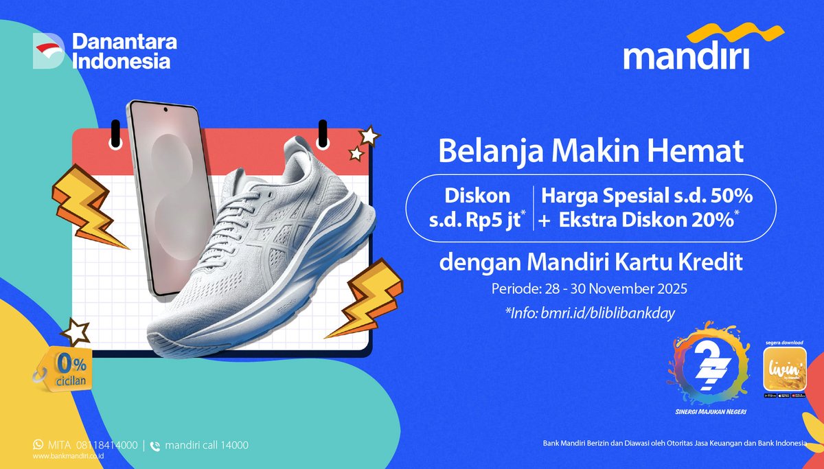 Diskon besar, belanja puas di Blibli! 🛒✨

Nikmati diskon hingga Rp5 juta*, harga spesial hingga 50% + ekstra diskon 20%* pakai Mandiri Kartu Kredit!

Yuk, checkout sekarang dan manfaatkan semua promo spesialnya. Berlaku hingga 30 November 2025!
⁣
*Info lengkap: