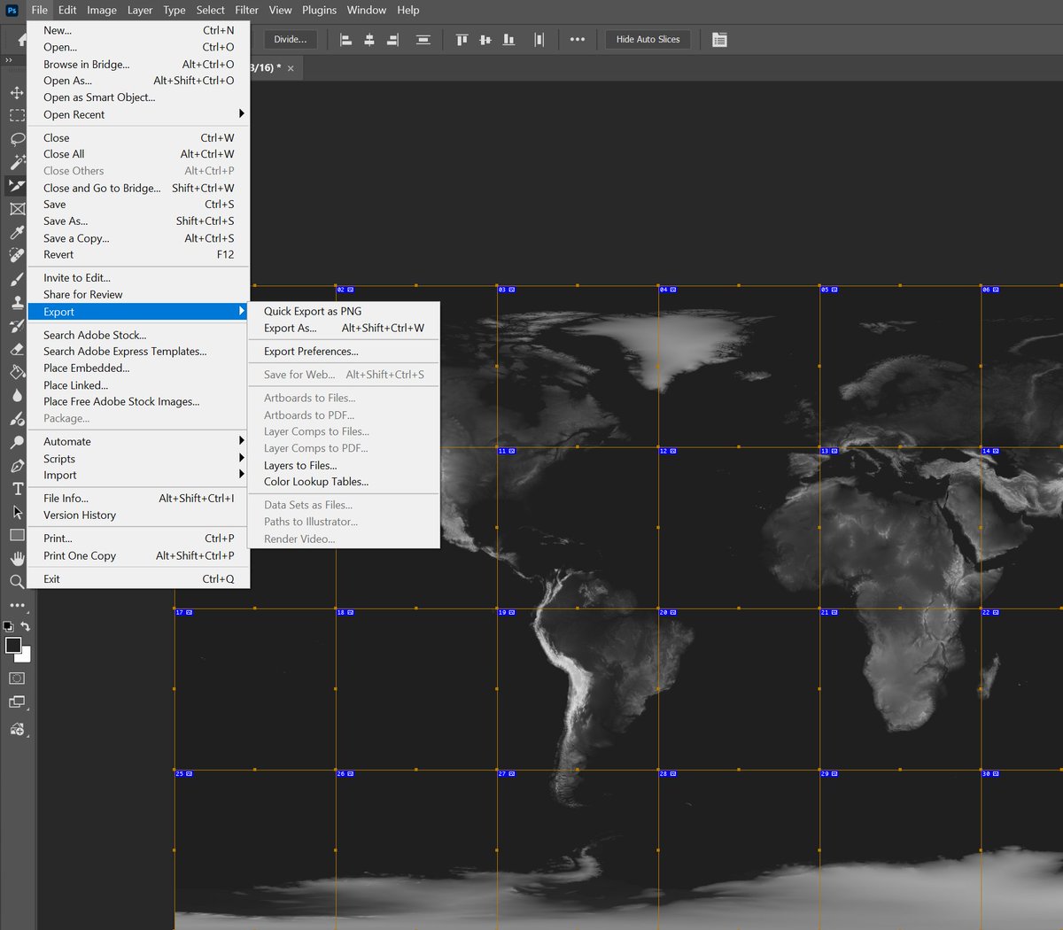 No way to export slices in #Photoshop 2026 when in 16bit mode or the original size is over 30k. Which is both the case for me here. 
Tried to export UDIMs this way, but nope. 
Why <a href="/Adobe/">Adobe</a> why....