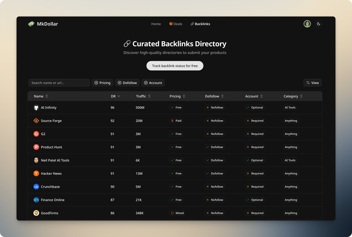功能3:有個頁面收錄了240 多個可以提交產品的外鏈列表,你可以免費取得完整列表。你甚至可以免費在後台管理你的產品的外鏈提交狀態,方便隨時隨地追蹤記錄產品的外鏈提交情況。
https://t.co/9xuEFmTMIR
如果外鏈資訊有
