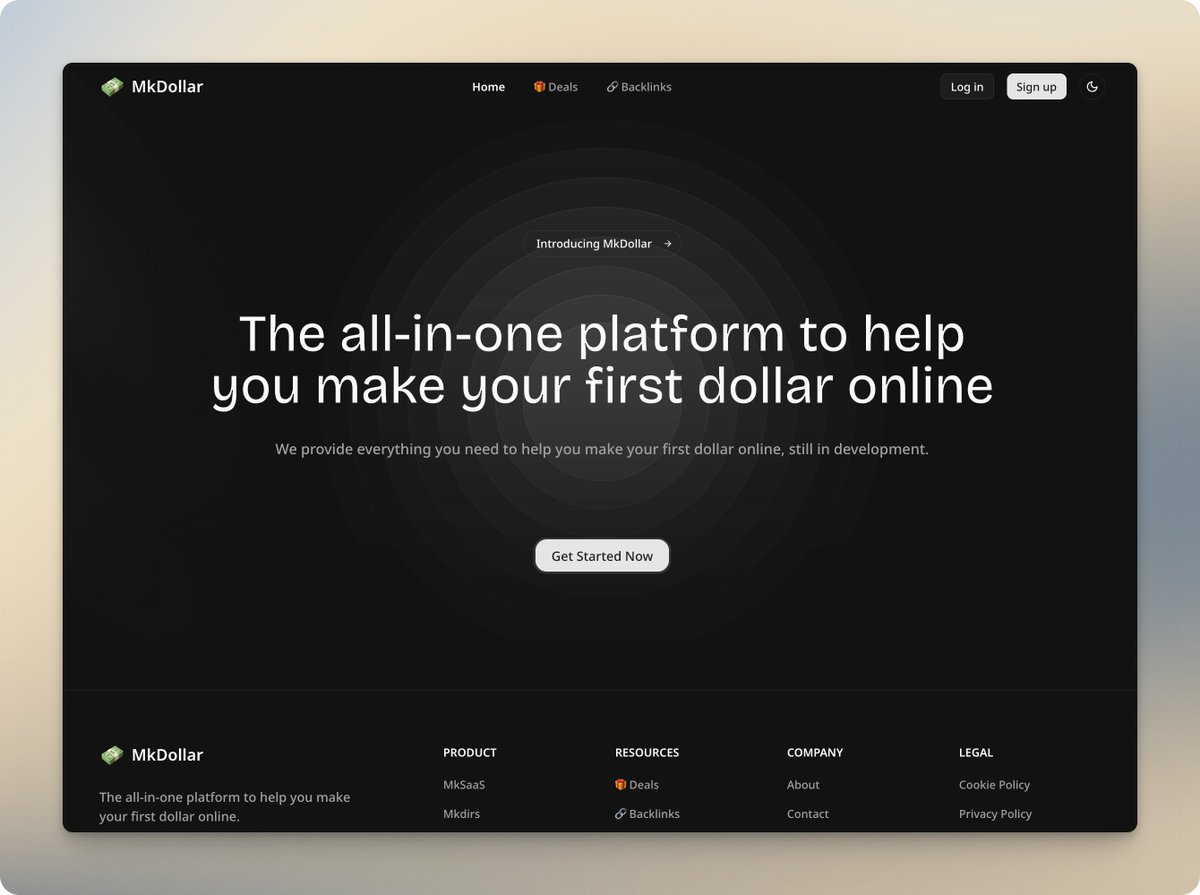 MkDollar是一個工具網站,網站的出發點是為了解決獨立開發者或做產品的朋友在出海搞錢過程中遇到的一些麻煩的問題和重複性的工作,幫助用戶快速賺到第1筆美刀!
MkDollar是基於MkSaaS模板花了幾天時間vibe coding出來