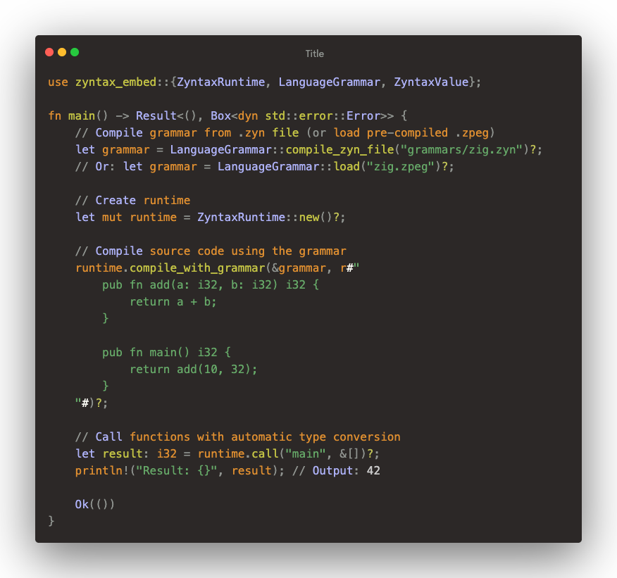 FourEyedWiz's tweet image. Introducing the Zyntax embedding SDK.  You can create an embedding for your language runtime so that it can be executed from within a rust application. 

github.com/darmie/zyntax/…